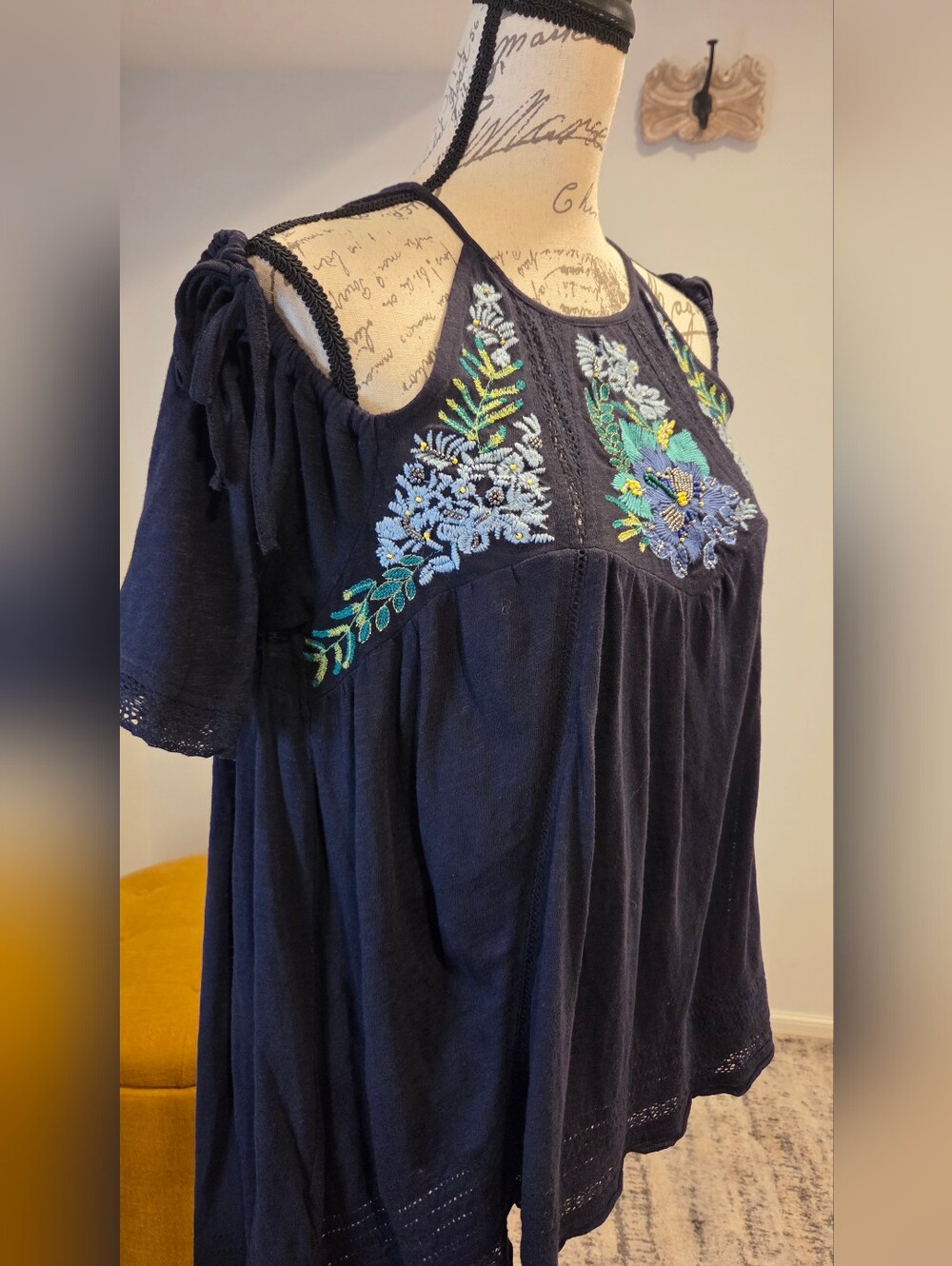 Free People Navy Blue  Cold-Shoulder Embroidered Top, Size S. - Picture 6 of 16